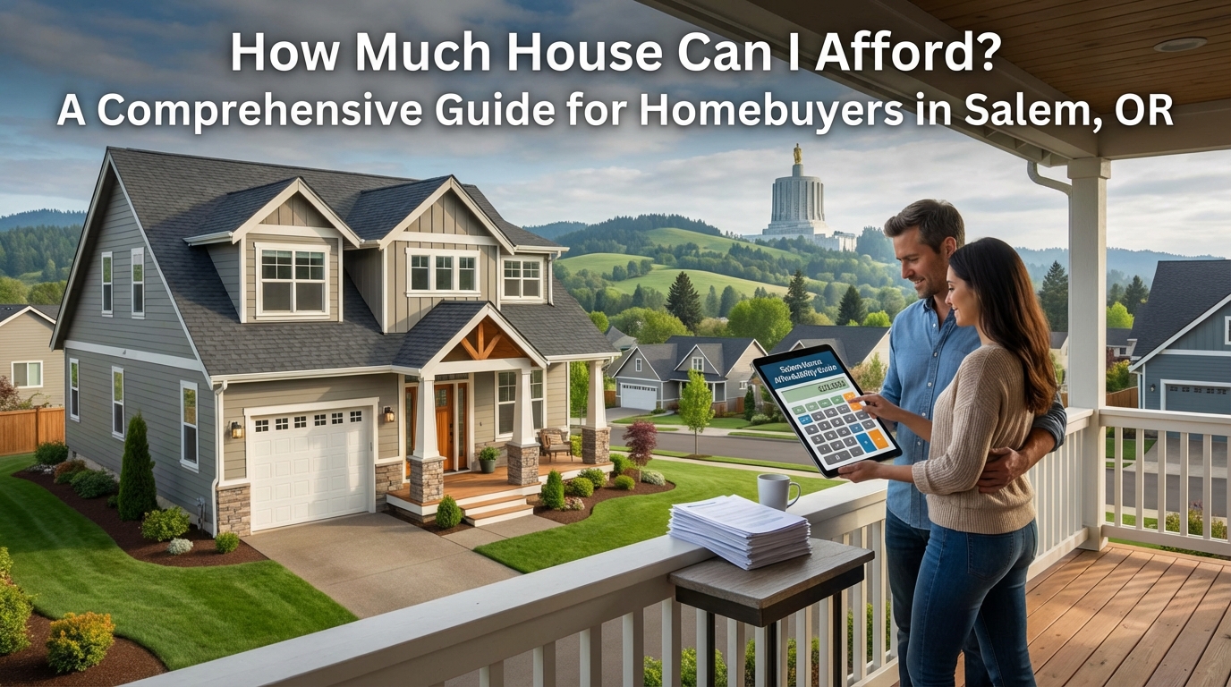 Couple using mortgage calculator on tablet with Salem Oregon Capitol building and homes in background - home affordability guide