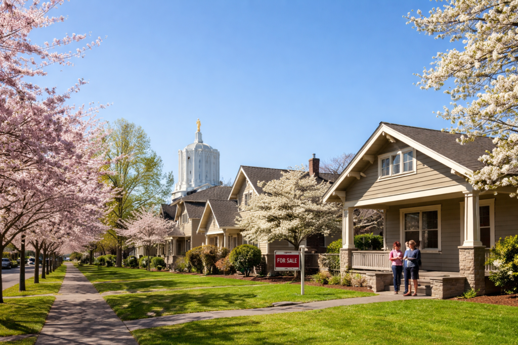 Salem Oregon neighborhood in spring with blooming trees and homes for sale representing the spring homebuying season