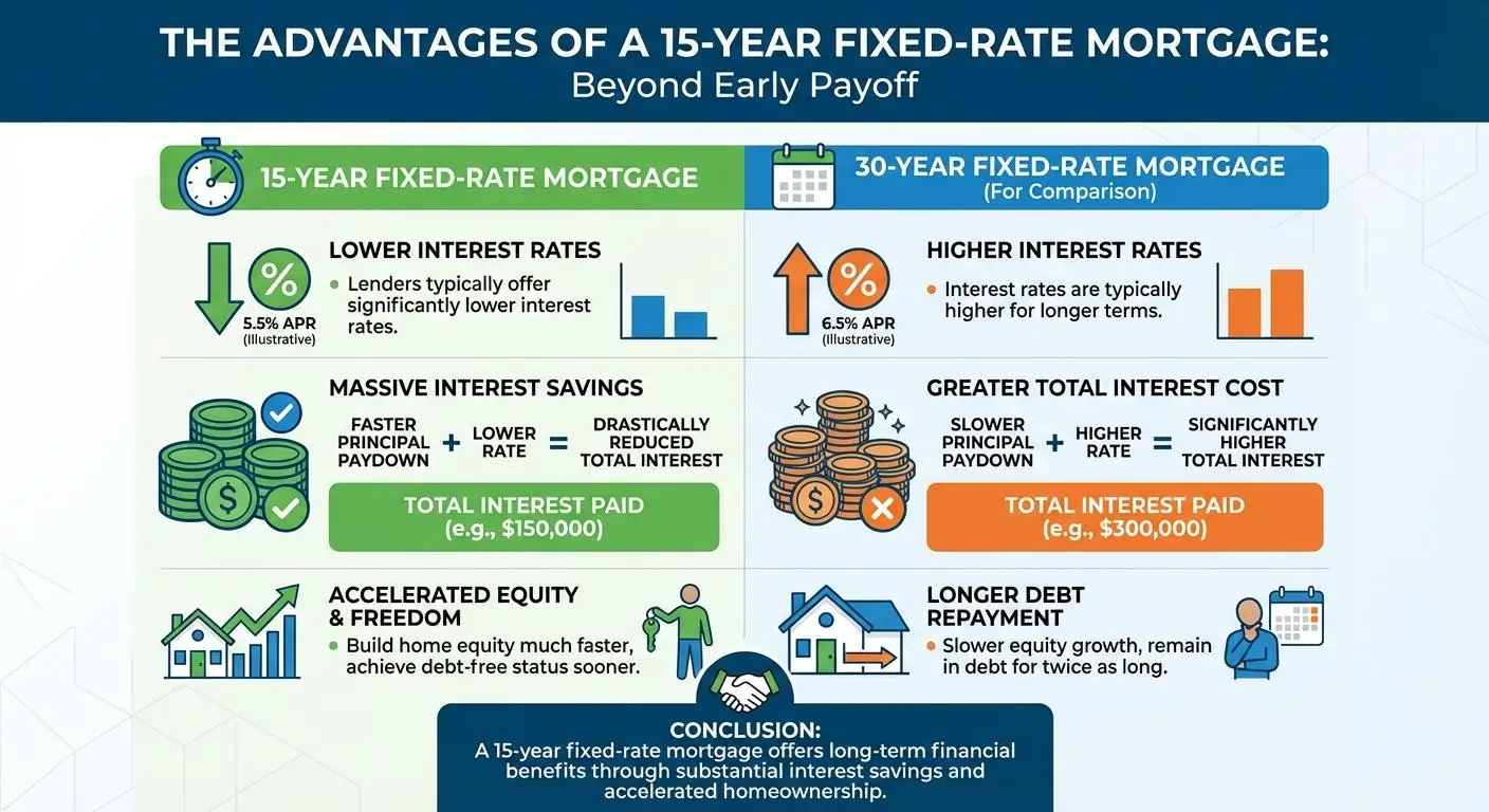 Create a professional infographic about this content. Context: The advantages of a 15-year fixed rat