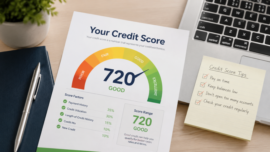 Illustration of a credit score gauge showing a score of 720, rated good