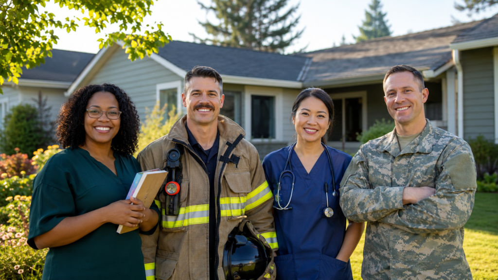 Teachers, first responders, healthcare professionals, and military service members standing outside a home for Housing Oregon's Heroes