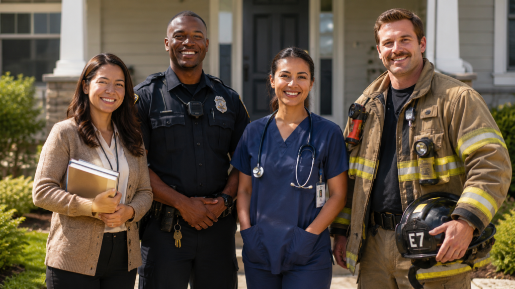 Teacher, police officer, healthcare worker, and firefighter standing together outside a home