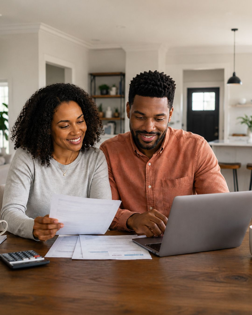 Couple reviewing mortgage options on a laptop with financial documents and a calculator