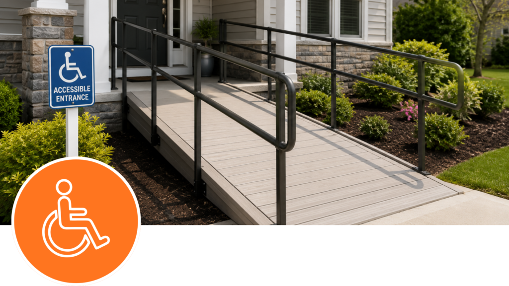 Accessible home entrance with wheelchair ramp and safety handrails