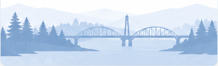 Stylized riverfront illustration with a bridge, trees, and distant hills