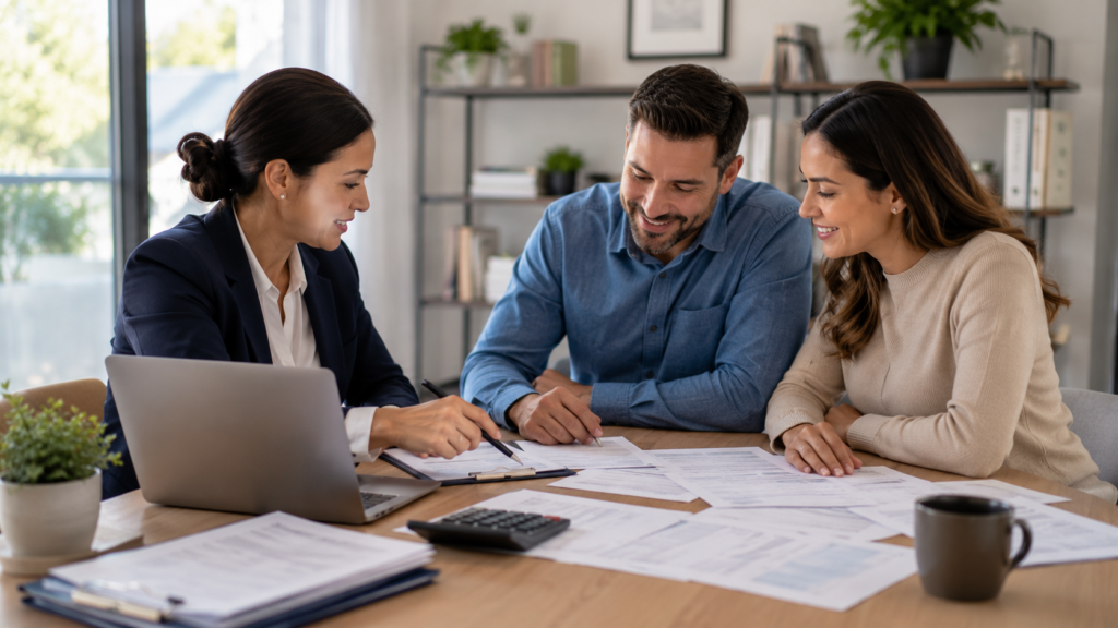 Mortgage advisor reviewing alternative document refinance options with a couple