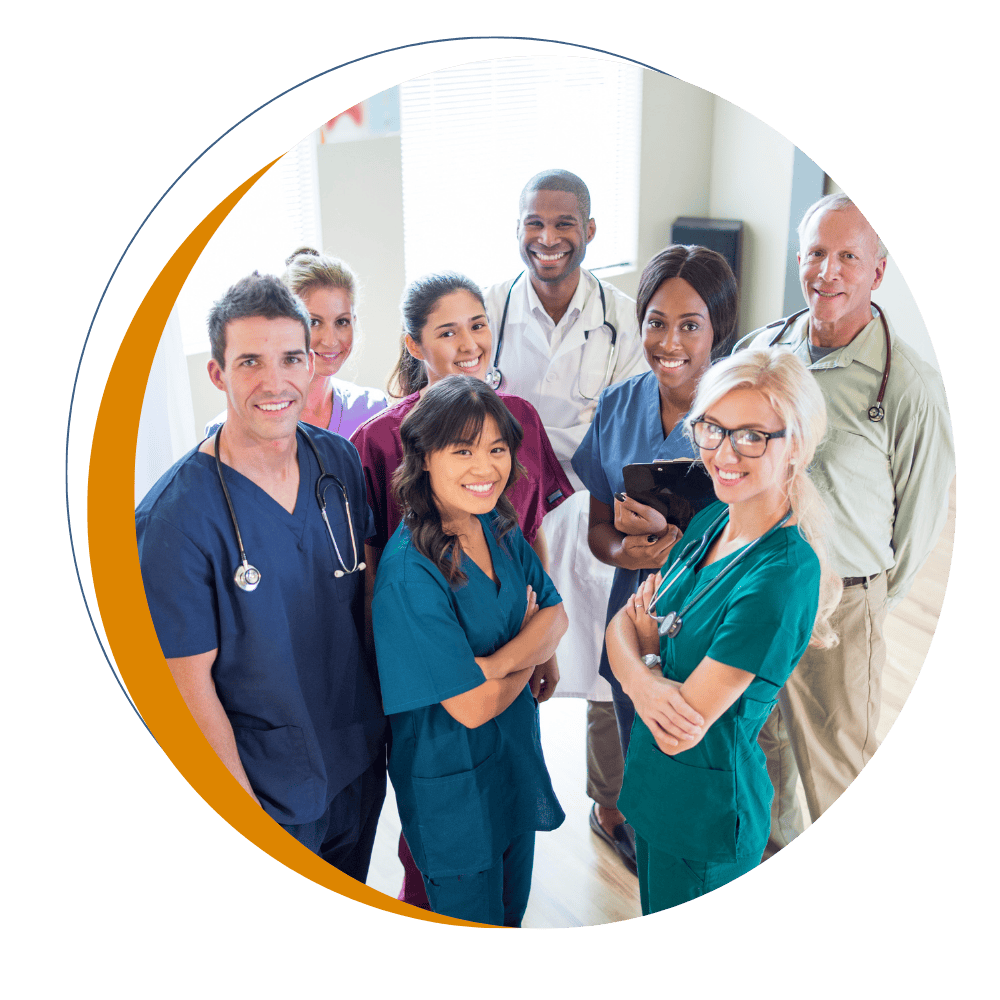 Group of healthcare workers and community service professionals