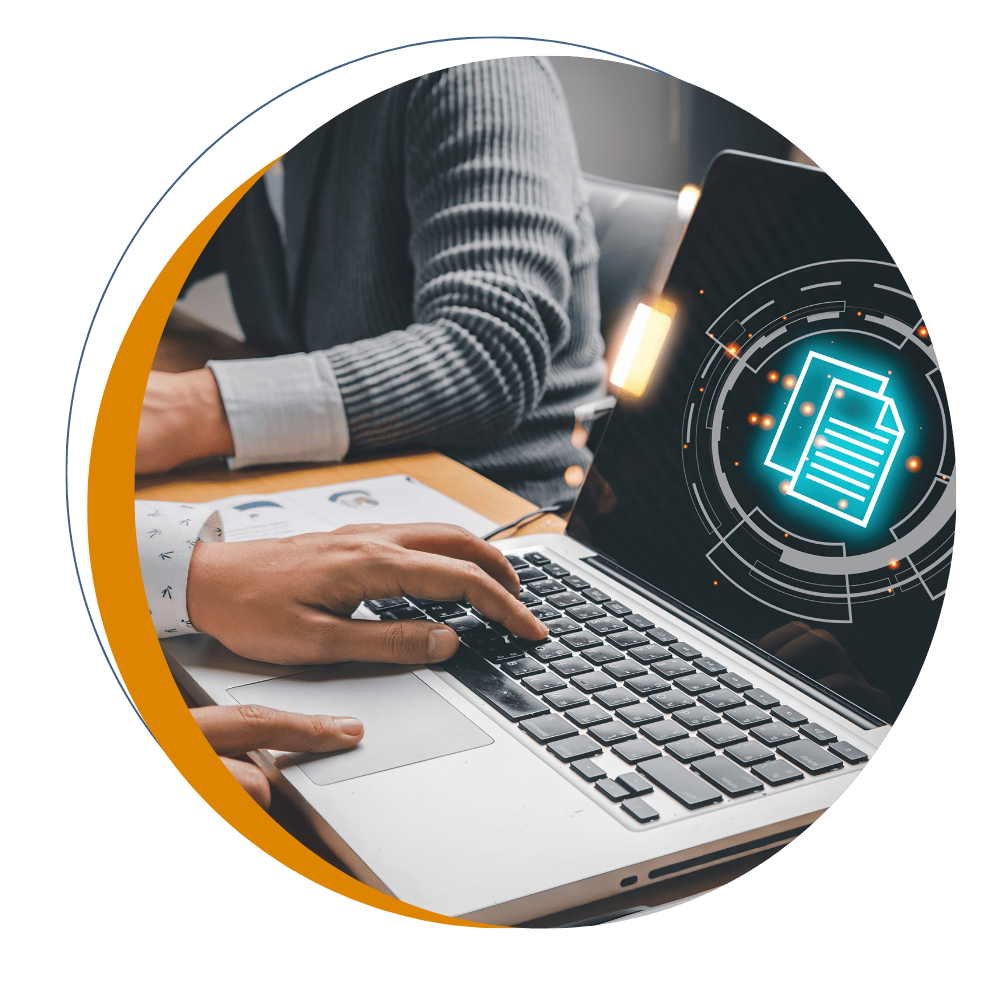 Person using a laptop with a digital connected workflow graphic