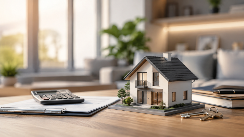 Model house with calculator and paperwork representing conventional home financing