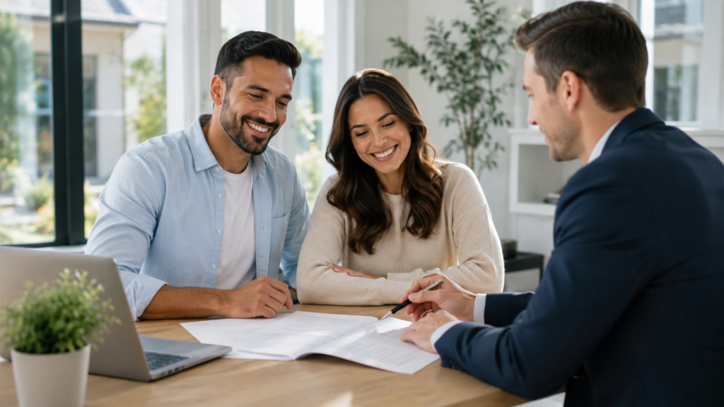 Couple reviewing conventional home loan options with a mortgage broker