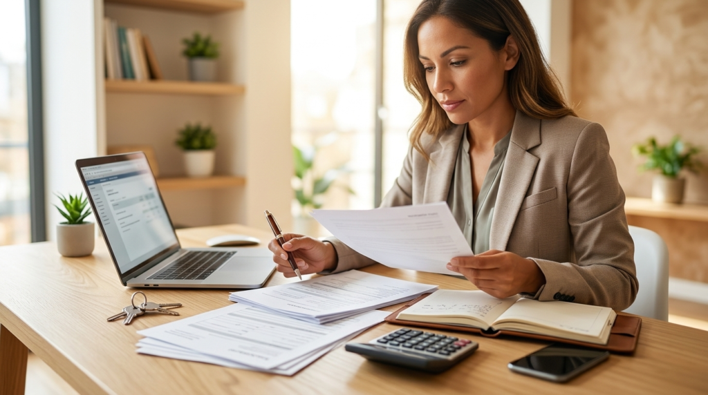 Borrower reviewing mortgage documents with a laptop and calculator at a home office desk.
