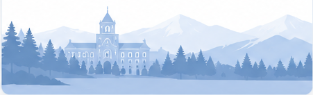 Stylized community illustration with a civic-style building, trees, and distant mountains