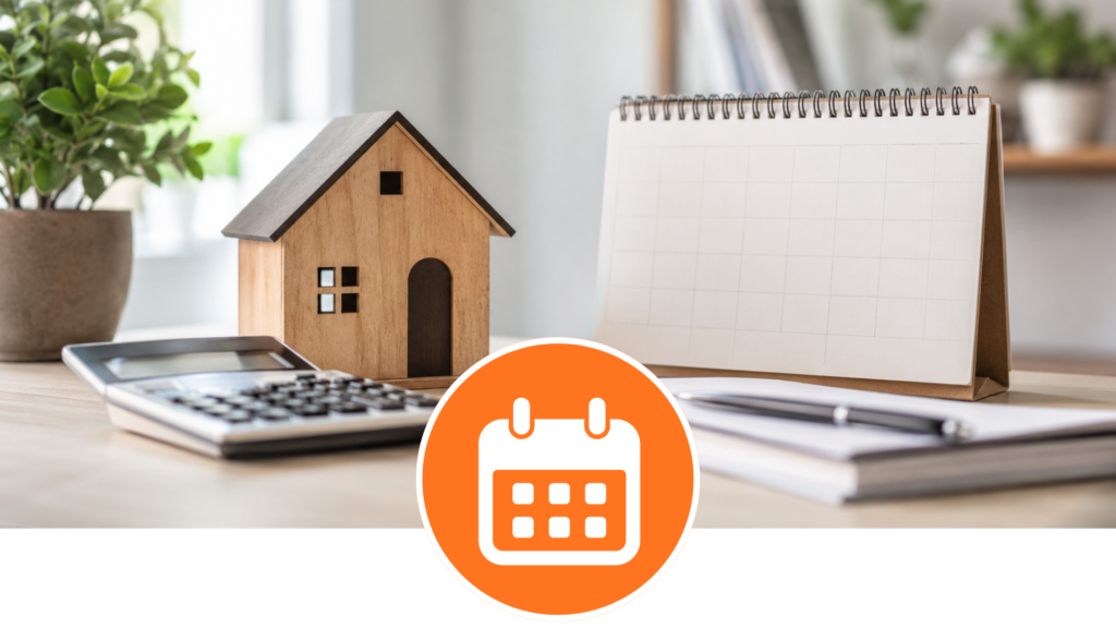 Model home beside a calculator and calendar representing deferred-payment down payment assistance