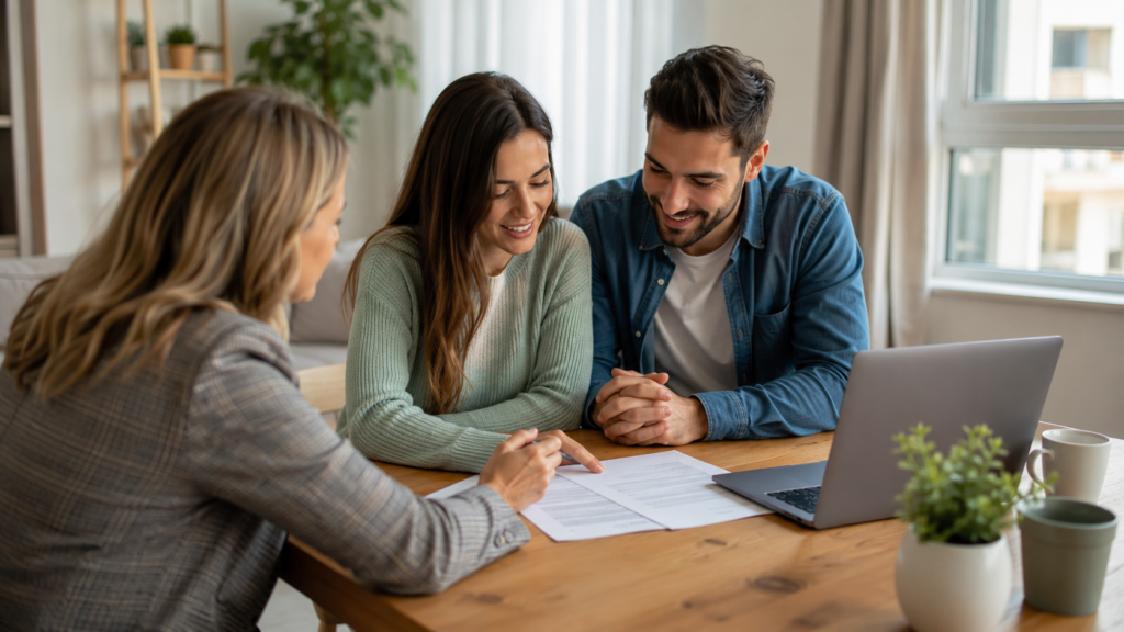 Advisor and couple reviewing home financing options together at a laptop