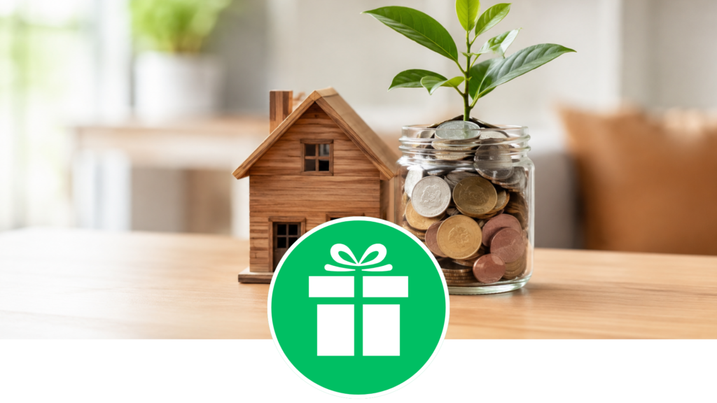 Model home beside a jar of coins and a growing plant representing down payment assistance grants