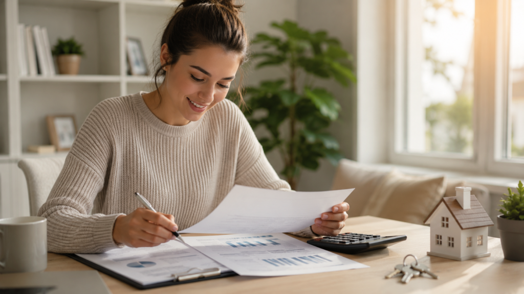 Woman reviewing mortgage paperwork with a model home representing FHA financing