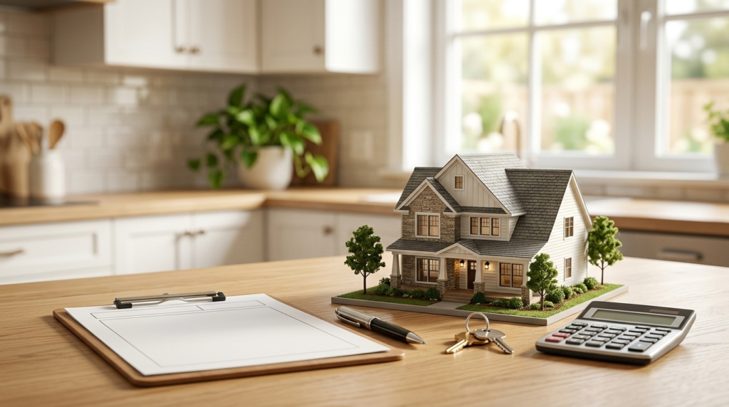 Model home beside mortgage paperwork, house keys, and a calculator representing FHA home financing.