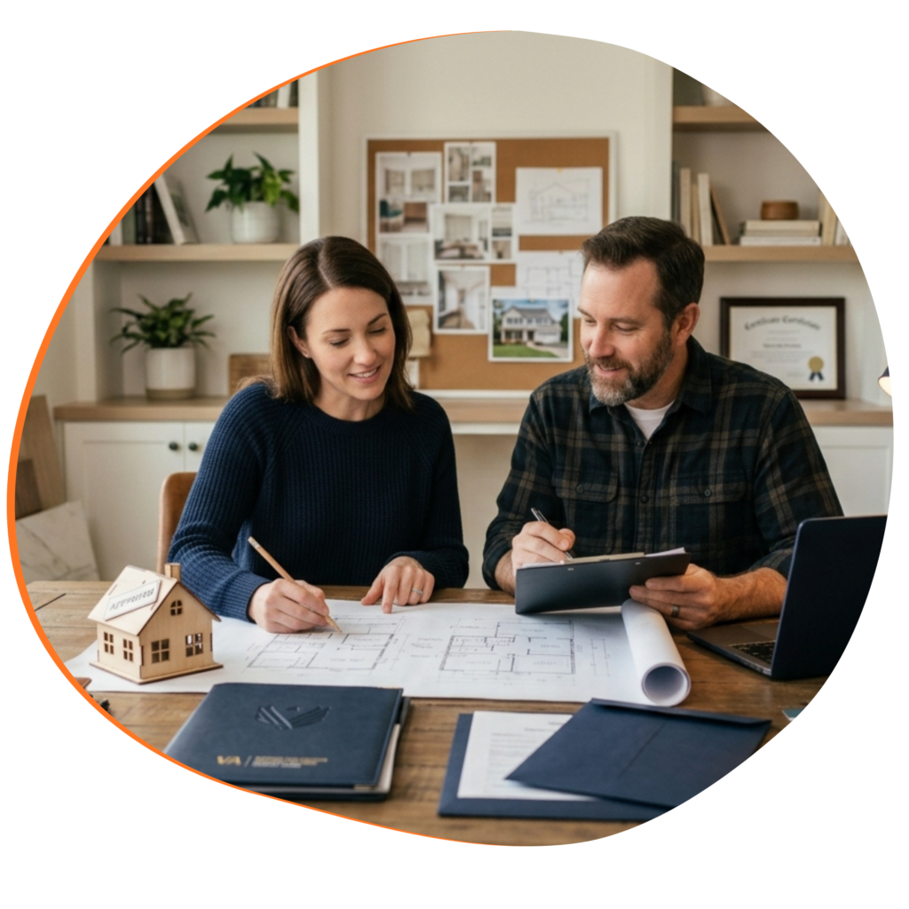 Couple reviewing home renovation plans and project documents at a table