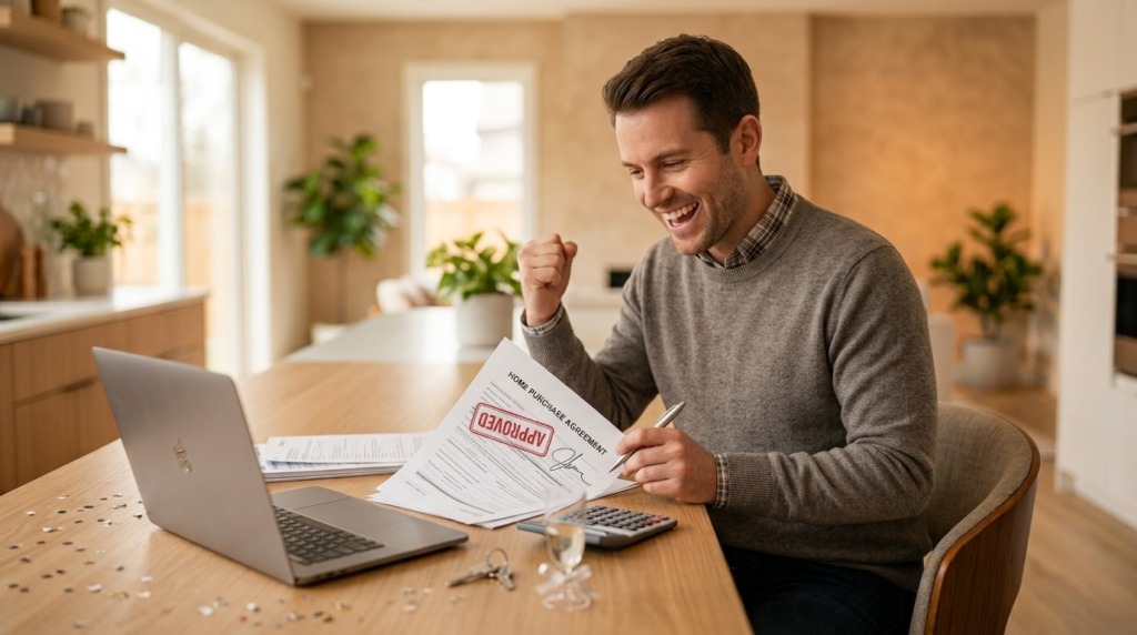 First-time homebuyer reviewing mortgage approval documents at a kitchen table with a laptop and calculator.