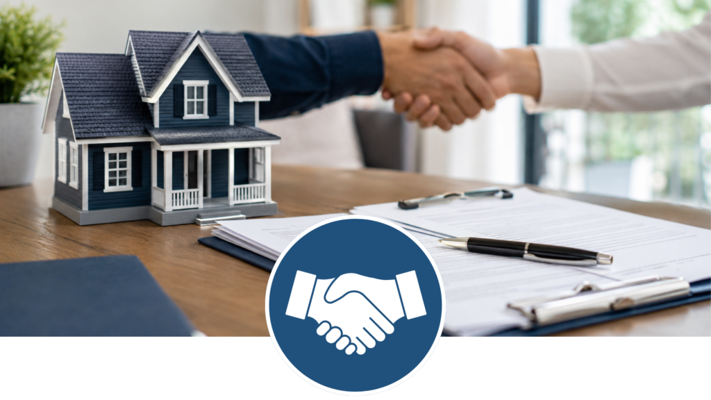 Model home with mortgage documents and a handshake representing forgivable down payment assistance loans