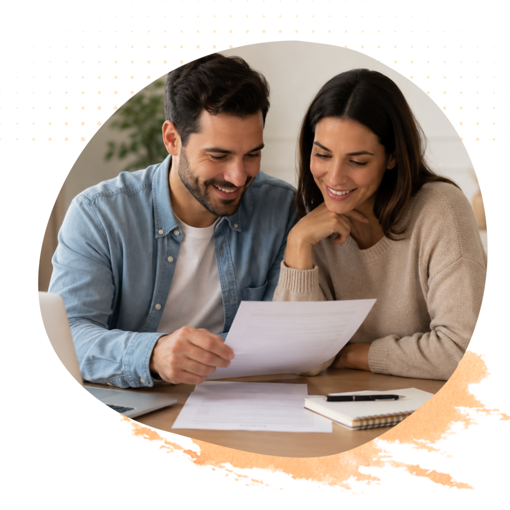 Young couple reviewing home financing paperwork at a table with a laptop, notebook, coffee cup, and house keys