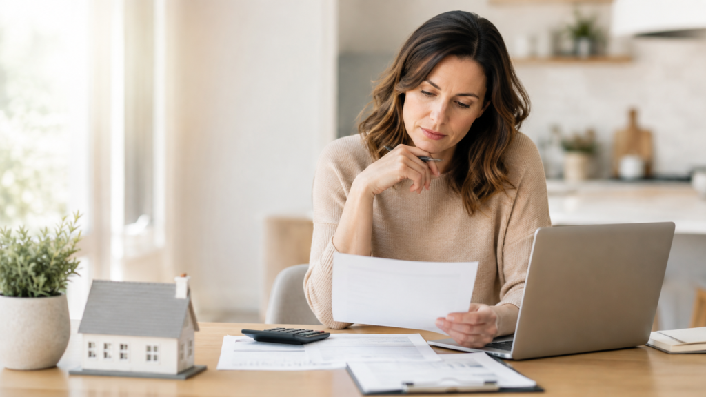 Homeowner reviewing mortgage refinance options with loan documents, calculator, and laptop