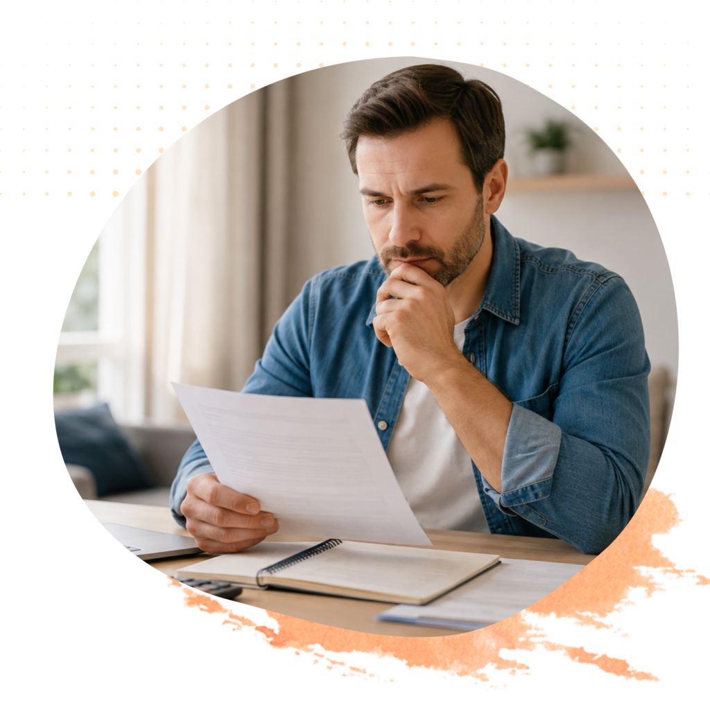 Homeowner reviewing mortgage refinance documents with laptop, calculator, and model house