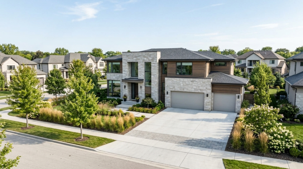Large upscale home in a residential neighborhood representing jumbo mortgage financing.