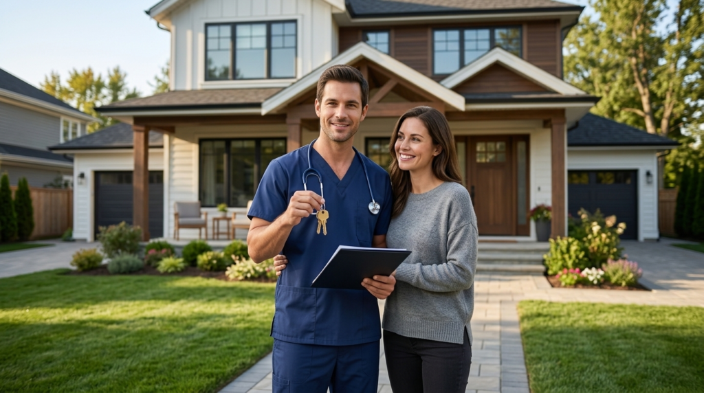 Physician holding house keys with a partner outside a suburban home in Corvallis.