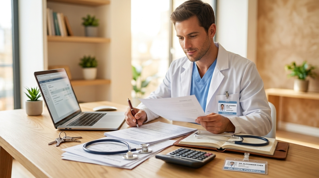 Healthcare professional reviewing mortgage documents at a home office desk with a laptop, calculator, stethoscope, and house keys.