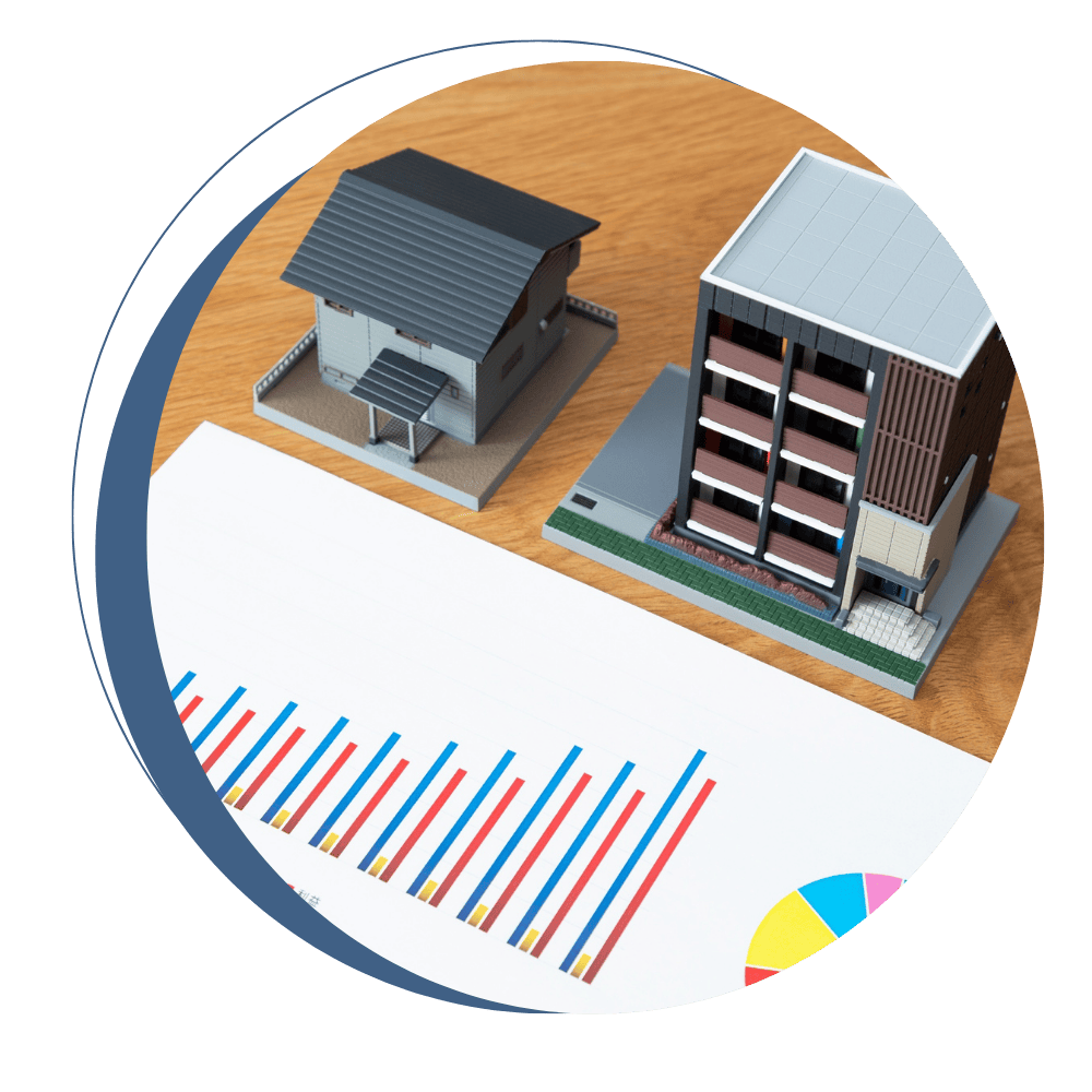 Model homes displayed with mortgage pricing charts and financial data