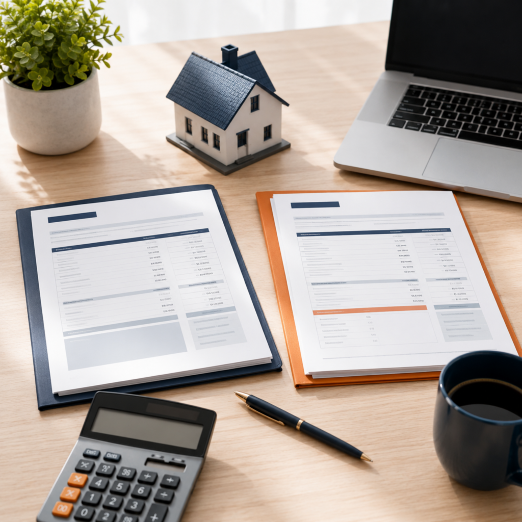 Mortgage documents and calculator used to compare the full cost of refinancing