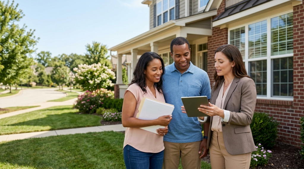 Homeowners reviewing refinance and home equity options with a mortgage professional outside a suburban home.