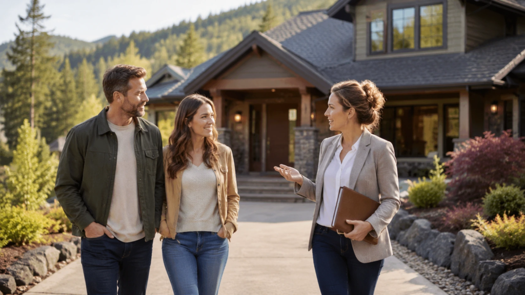 Homebuyers speaking with a mortgage professional outside a rural home