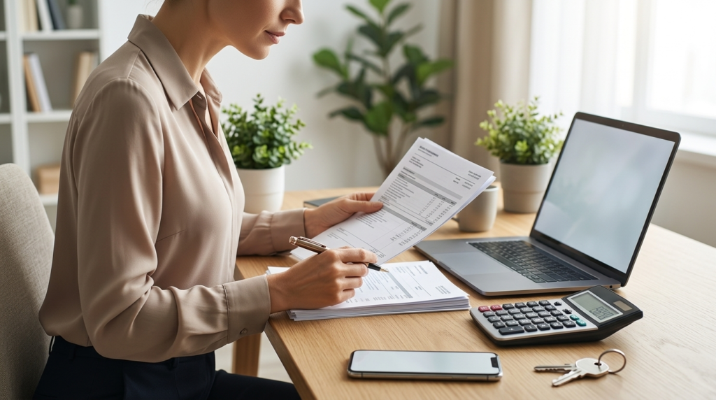 Self-employed professional reviewing financial documents at a home office desk with a laptop and calculator.