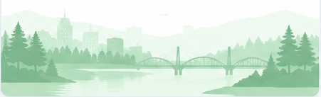 Stylized city and river illustration with a bridge, trees, and distant hills