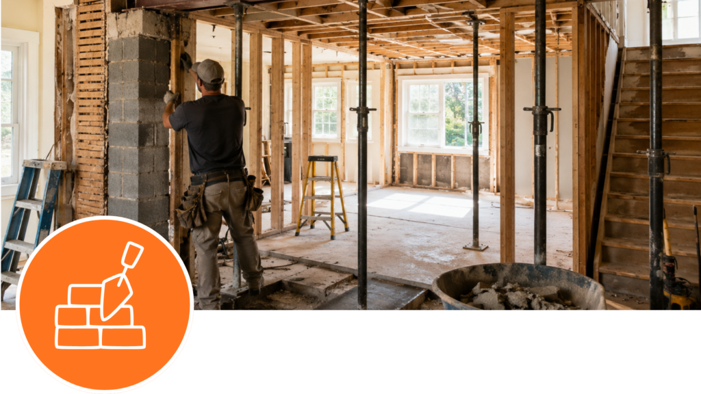 Contractor completing structural repairs inside a home renovation project