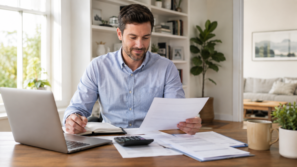 Homebuyer reviewing financial documents, income records, and mortgage paperwork at a home office desk
