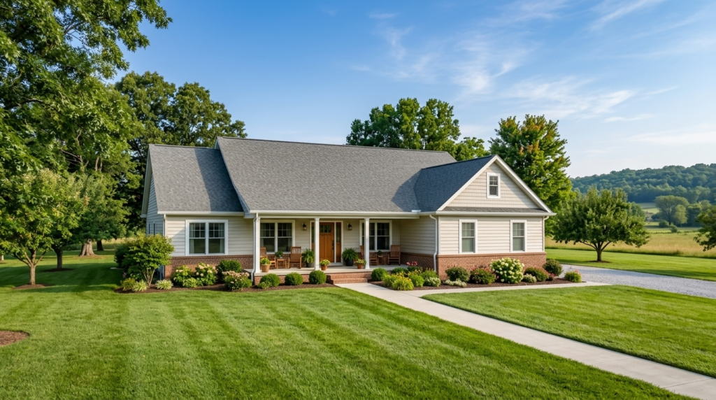 Single-family home in a rural residential setting with a large lawn and surrounding open land, representing USDA home loan financing.