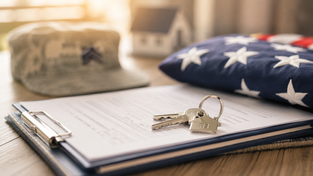 Military service items and house keys representing VA home loan benefits
