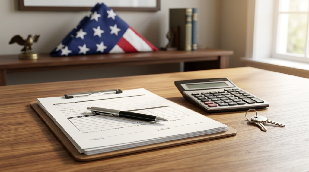 Mortgage documents, calculator, and house keys on a desk with a folded American flag in the background.