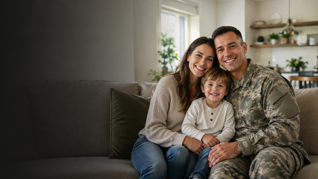 Military family sitting together at home representing VA loan options