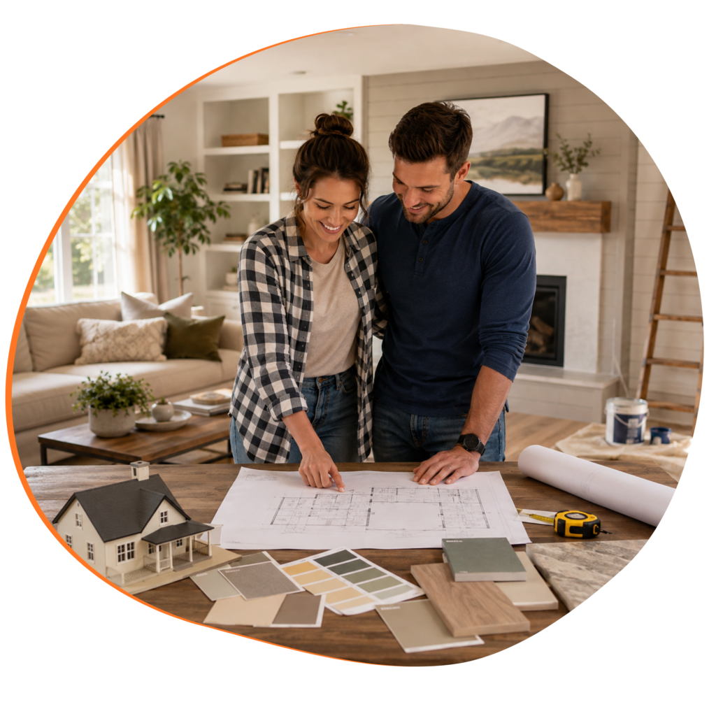 Couple reviewing home renovation plans and material samples
