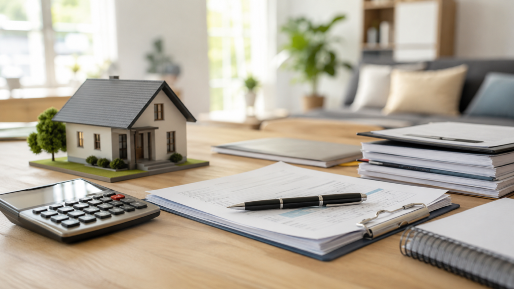 Mortgage paperwork, calculator, and model home arranged on a table