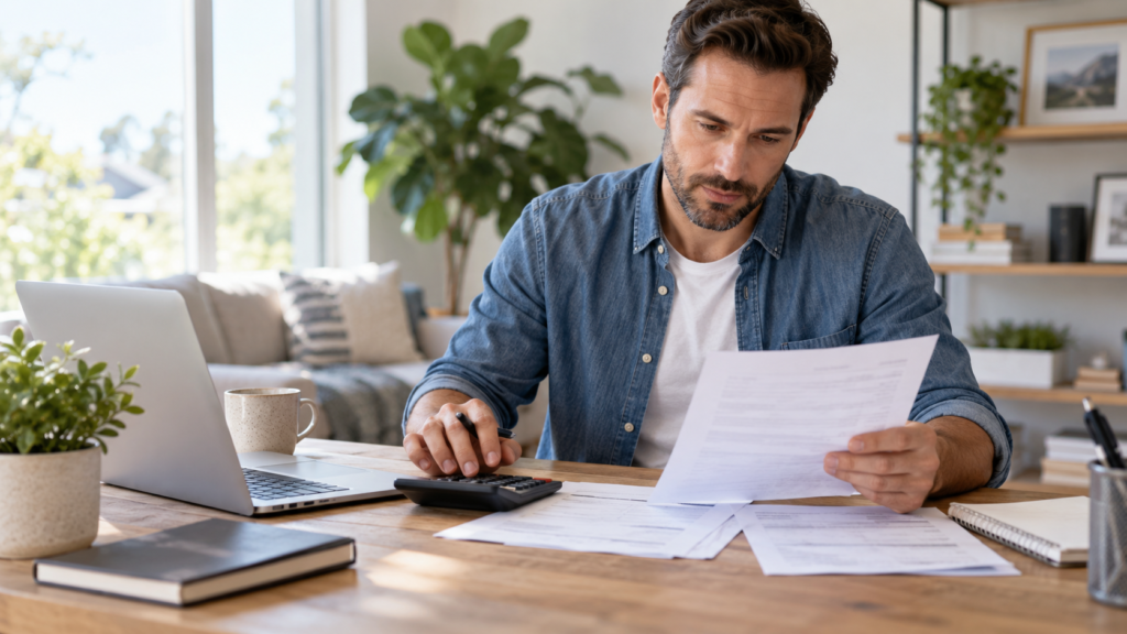 Borrower reviewing financial documents with a laptop and calculator at home