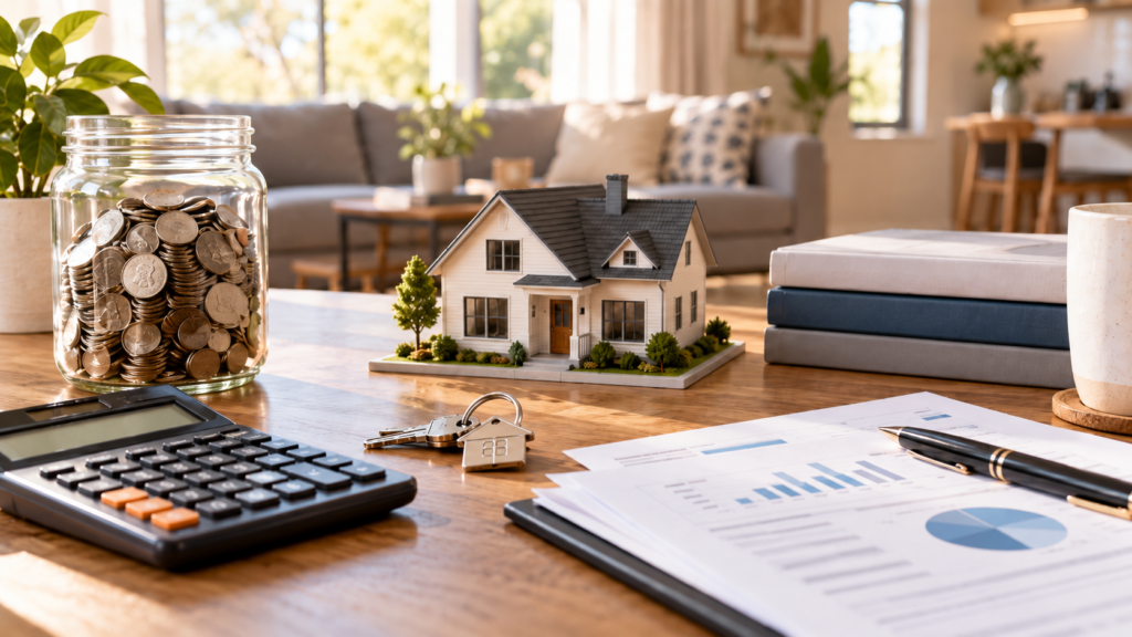 House model, savings, calculator, and keys representing down payment and home equity