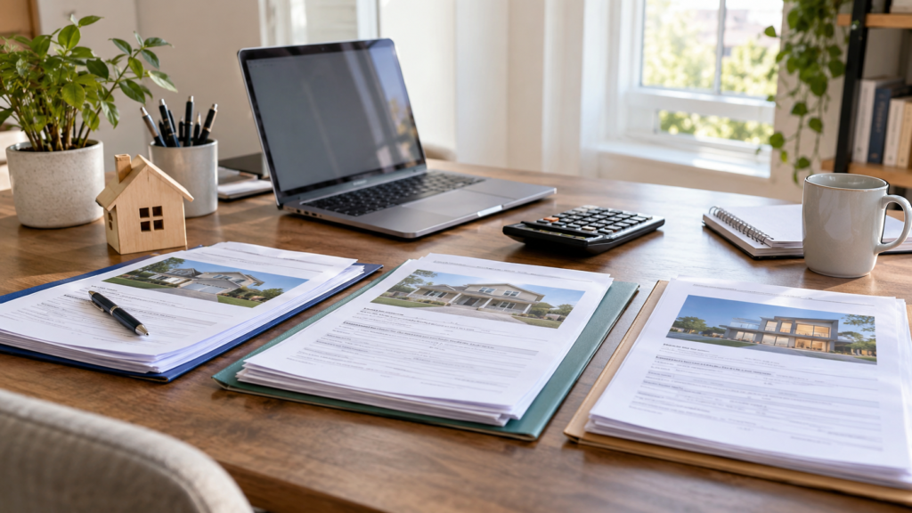 Organized mortgage documents, laptop, and calculator representing different loan program options
