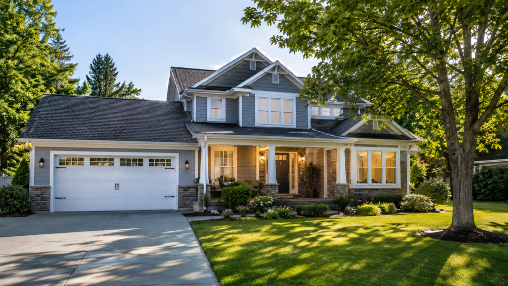 Two-story suburban home with landscaped front yard and attached garage