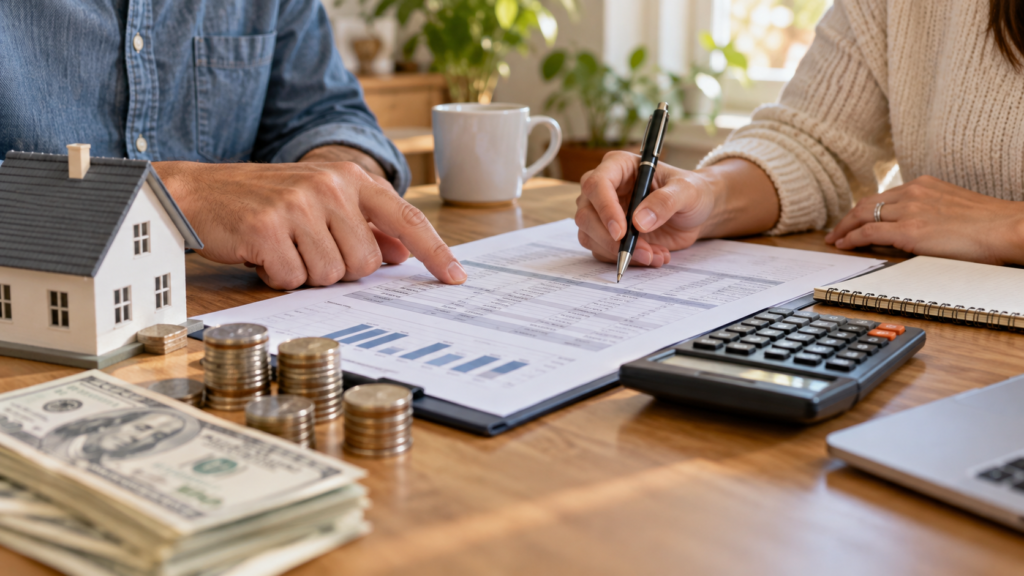 Homebuyers reviewing mortgage costs with a calculator, financial documents, cash, and coins