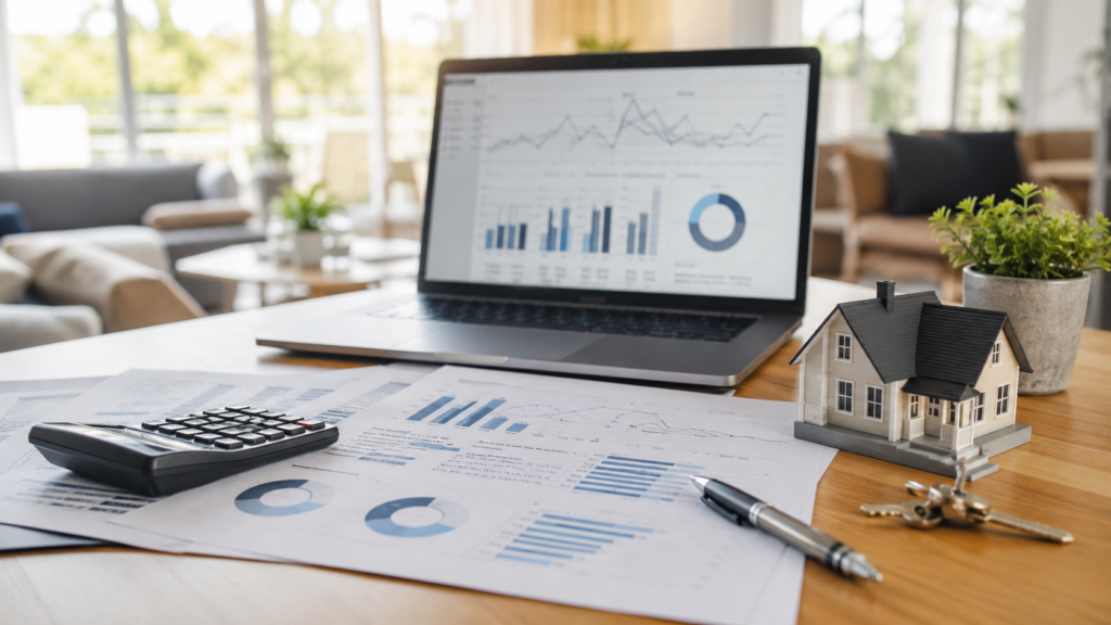 Laptop displaying financial charts beside mortgage documents, calculator, house model, and keys